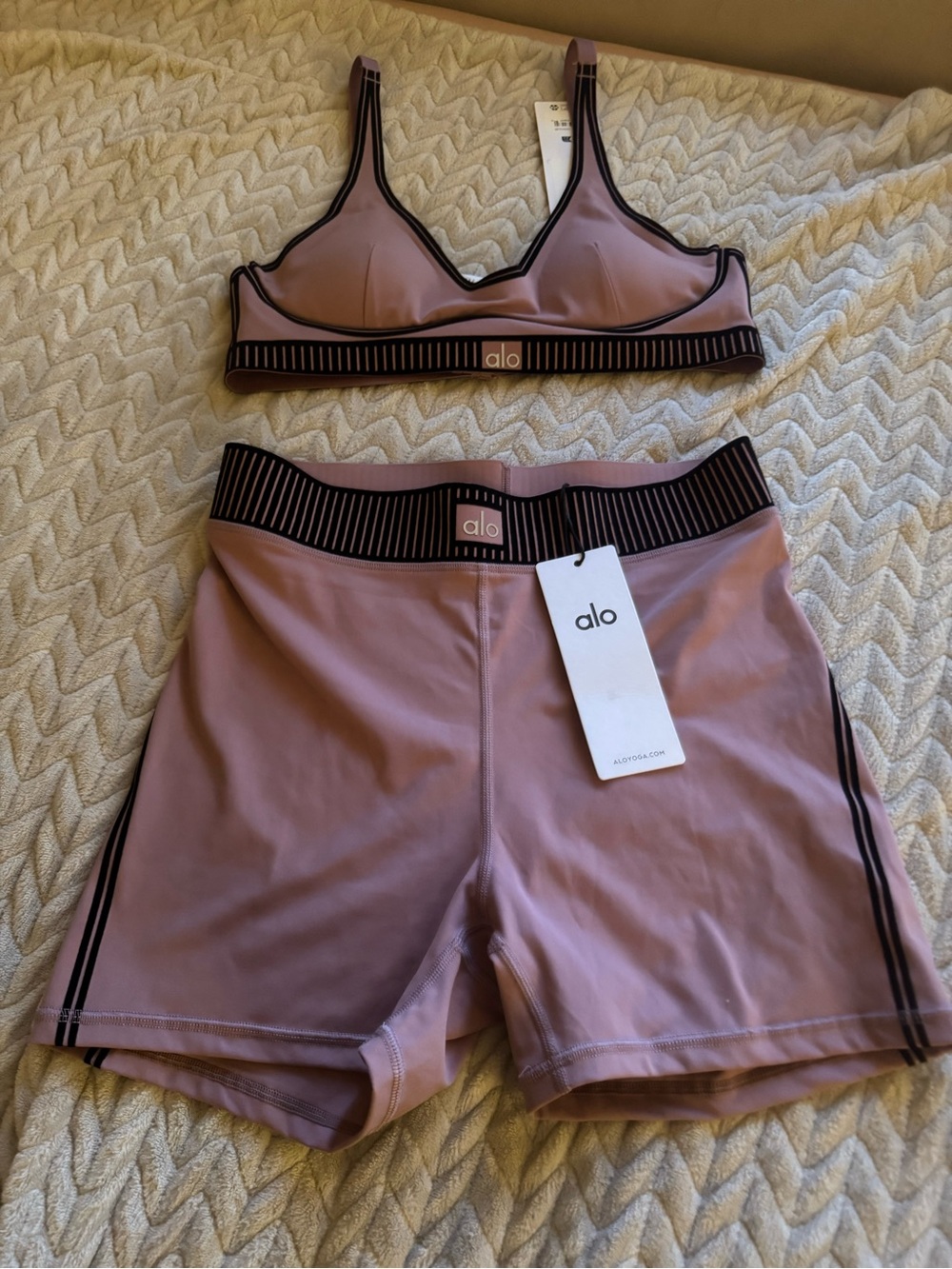 ALO Yoga Mauve Rib-Trim Bralette & High-Waist Shorts Set